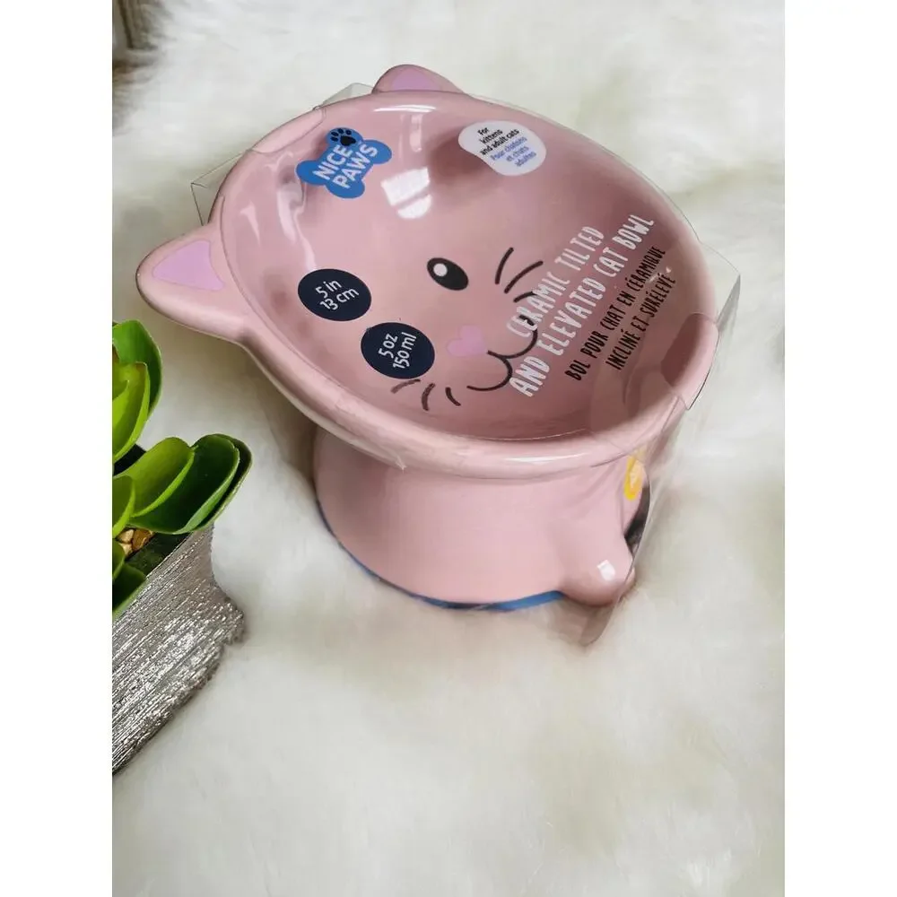Nice Paws Pink Ceramic Tilted Elevated Cat Bowl 5 in / 13 cm
